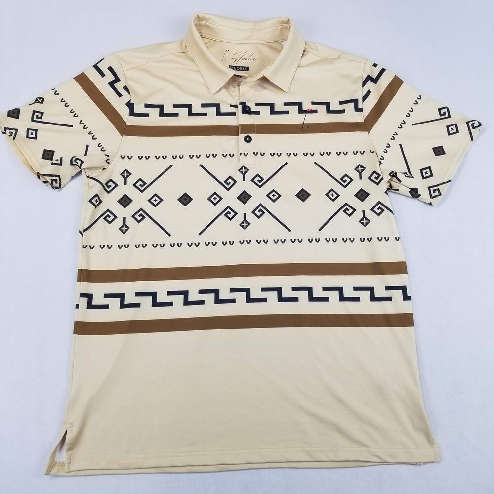 Hoolie Abides Polo Shirt Mens Medium Beige Aztec Geometric Performance Golf Logo